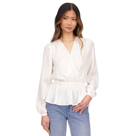 Michael Kors Women's Satin Faux Wrap Top Ivory Size L MSRP $98 - Picture 1 of 4